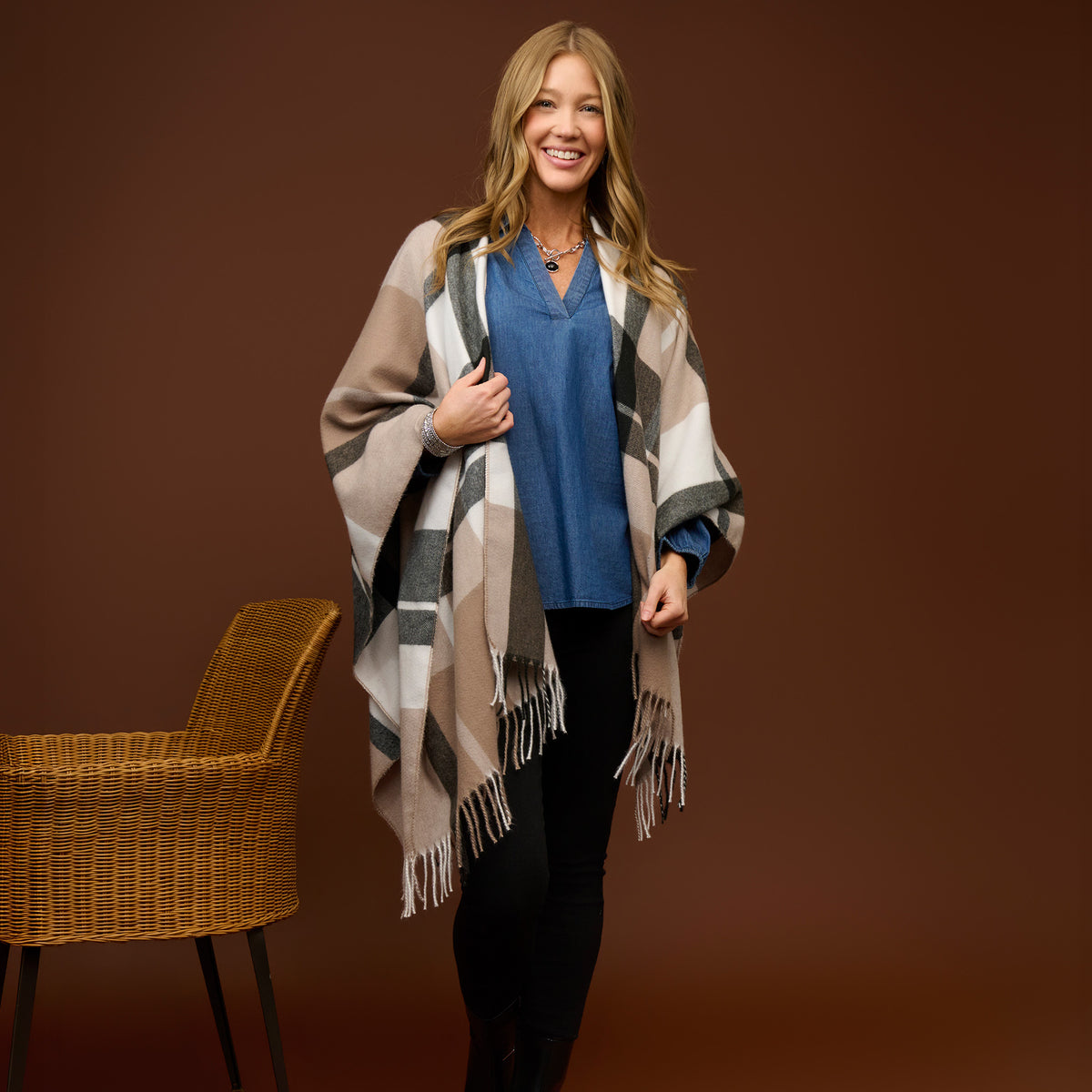 Denim Top Collared V-Neck Long Sleeve Cady Blouse