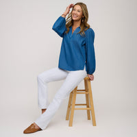 Denim Top Collared V-Neck Long Sleeve Cady Blouse