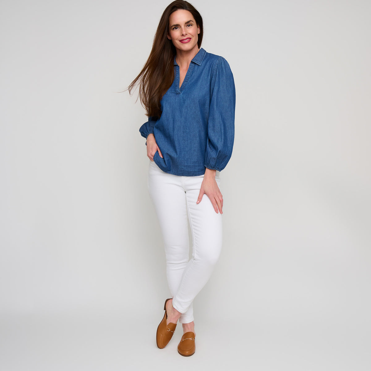 Denim Top Collared V-Neck Long Sleeve Cady Blouse