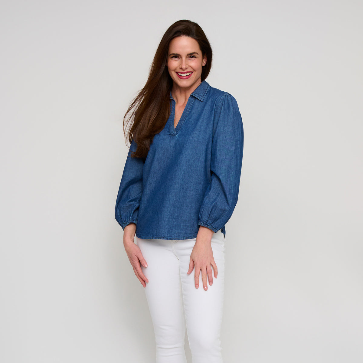 Denim Top Collared V-Neck Long Sleeve Cady Blouse