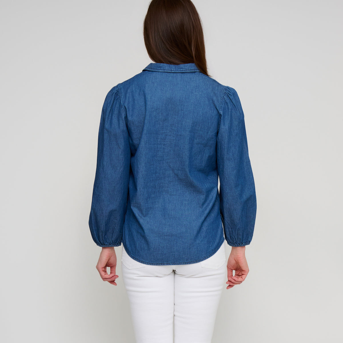 Denim Top Collared V-Neck Long Sleeve Cady Blouse