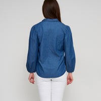 Denim Top Collared V-Neck Long Sleeve Cady Blouse
