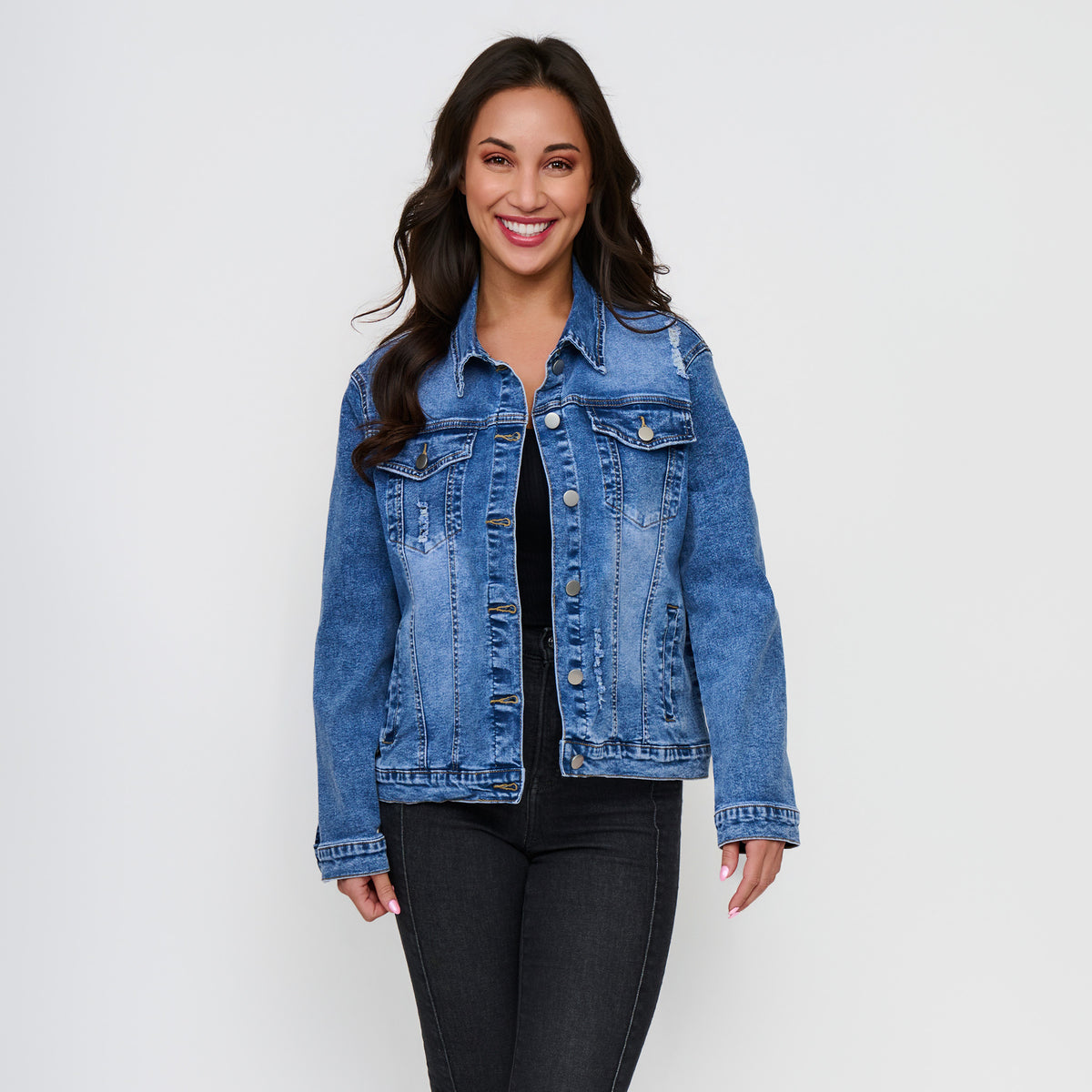 Denim Jacket Distressed Button Up Long Sleeve Sadi Jacket