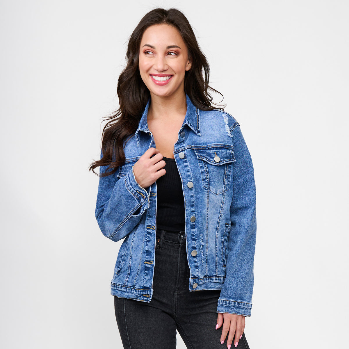 Denim Jacket Distressed Button Up Long Sleeve Sadi Jacket