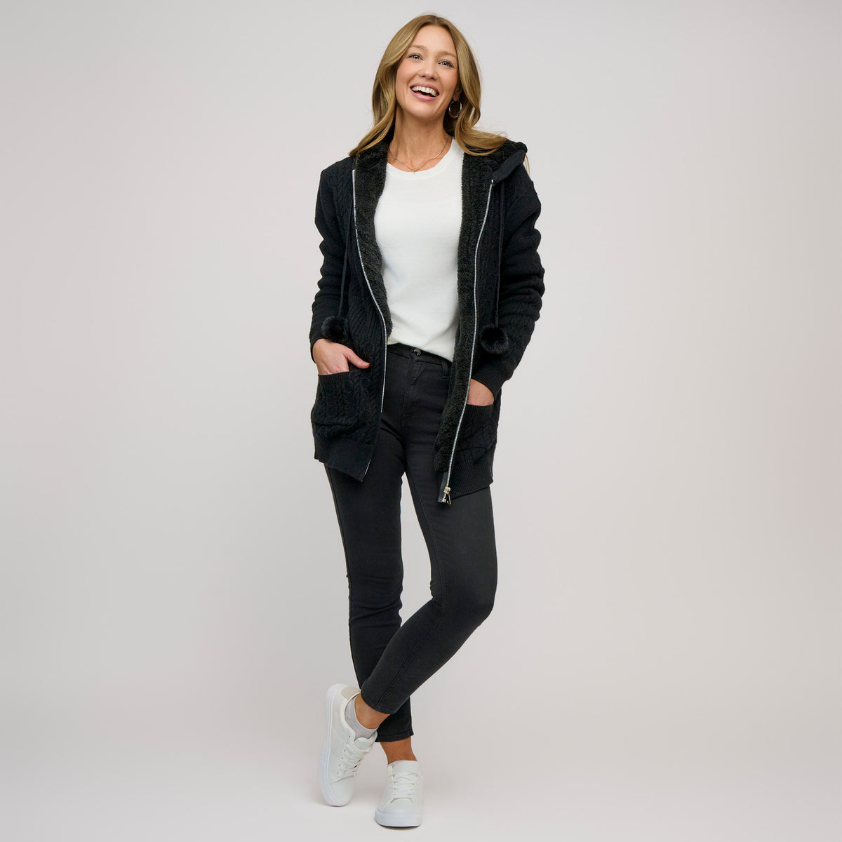 Cable Knit Zip Long Sleeve Hoodie Pom Chloe Sweater