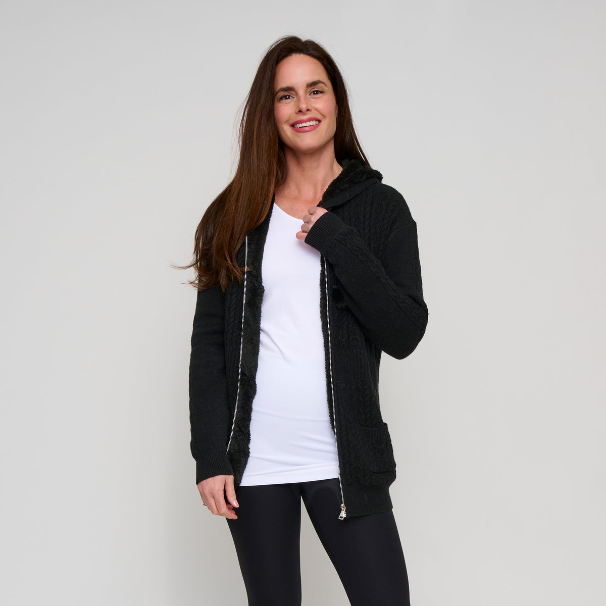 Cable Knit Zip Long Sleeve Hoodie Pom Chloe Sweater