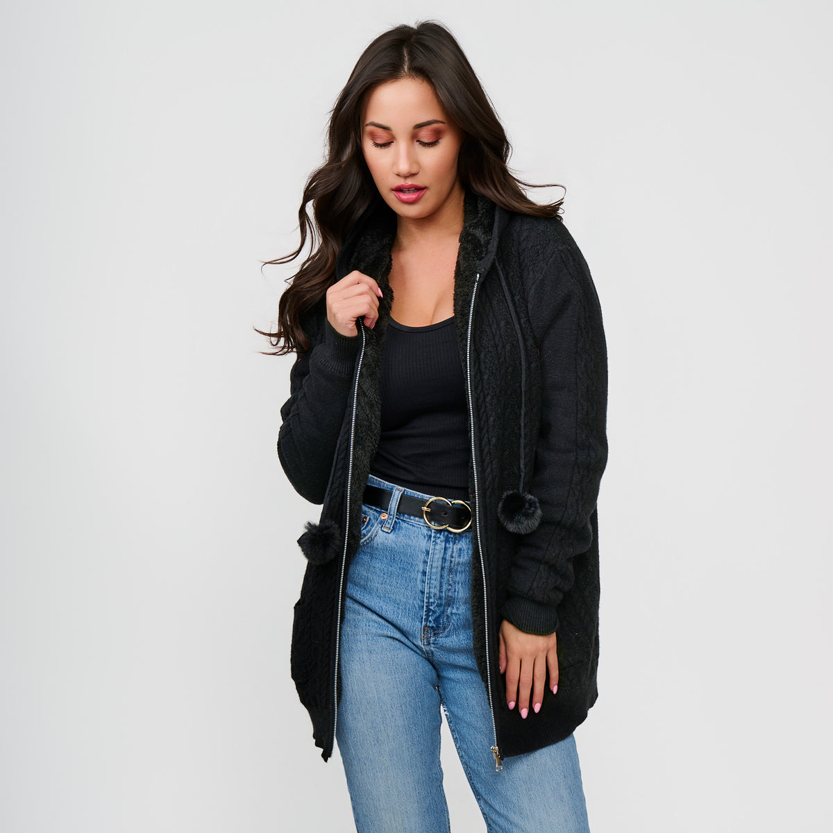 Cable Knit Zip Long Sleeve Hoodie Pom Chloe Sweater