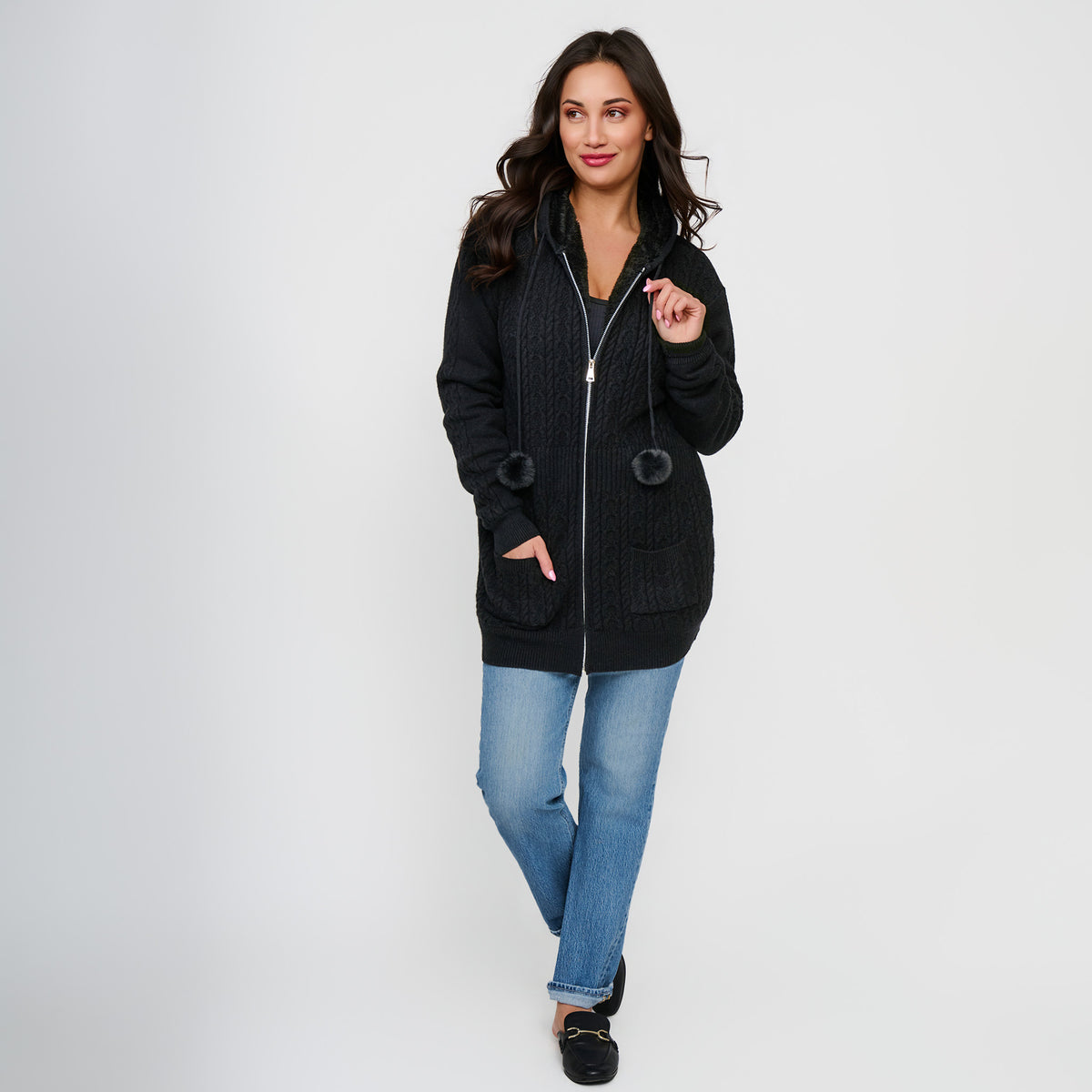 Cable Knit Zip Long Sleeve Hoodie Pom Chloe Sweater