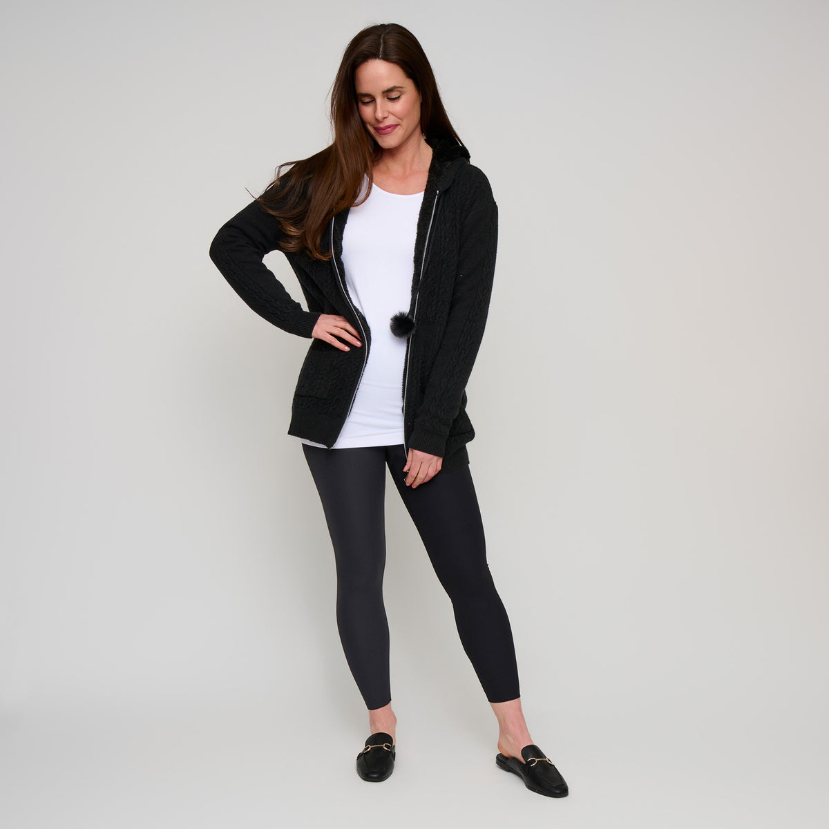 Cable Knit Zip Long Sleeve Hoodie Pom Chloe Sweater