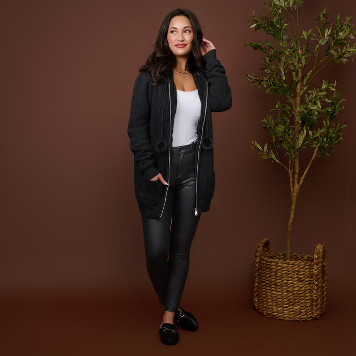 Cable Knit Zip Long Sleeve Hoodie Pom Chloe Sweater