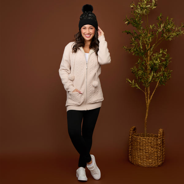 Cable Knit Zip Long Sleeve Hoodie Pom Chloe Sweater