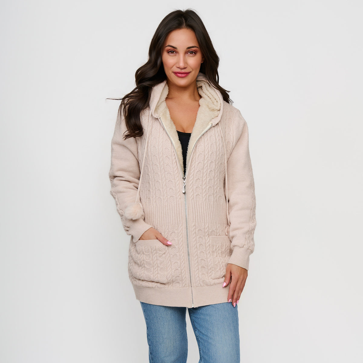 Cable Knit Zip Long Sleeve Hoodie Pom Chloe Sweater