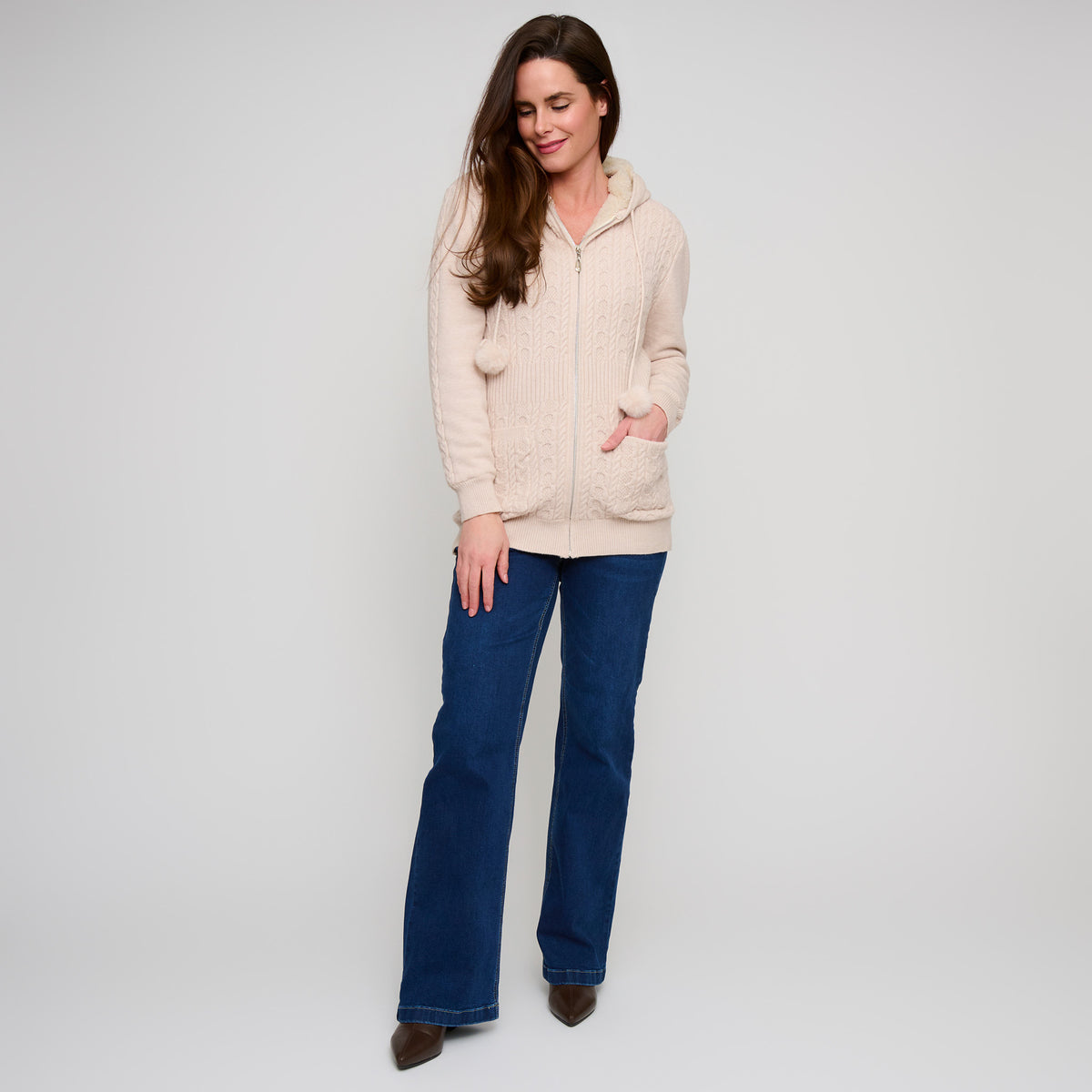 Cable Knit Zip Long Sleeve Hoodie Pom Chloe Sweater