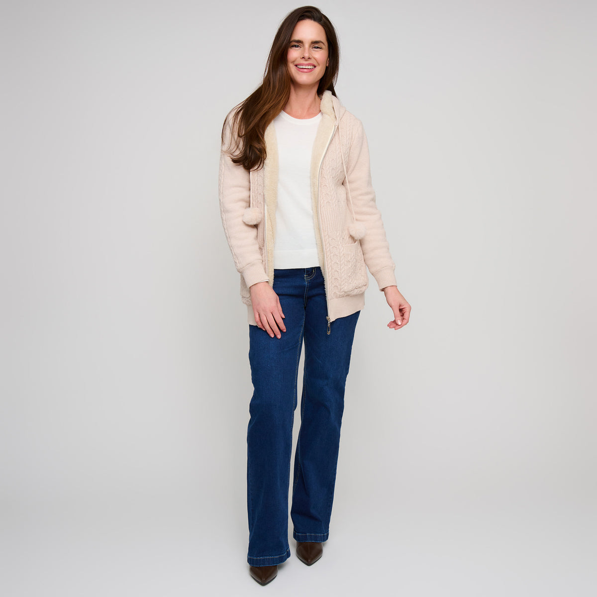 Cable Knit Zip Long Sleeve Hoodie Pom Chloe Sweater