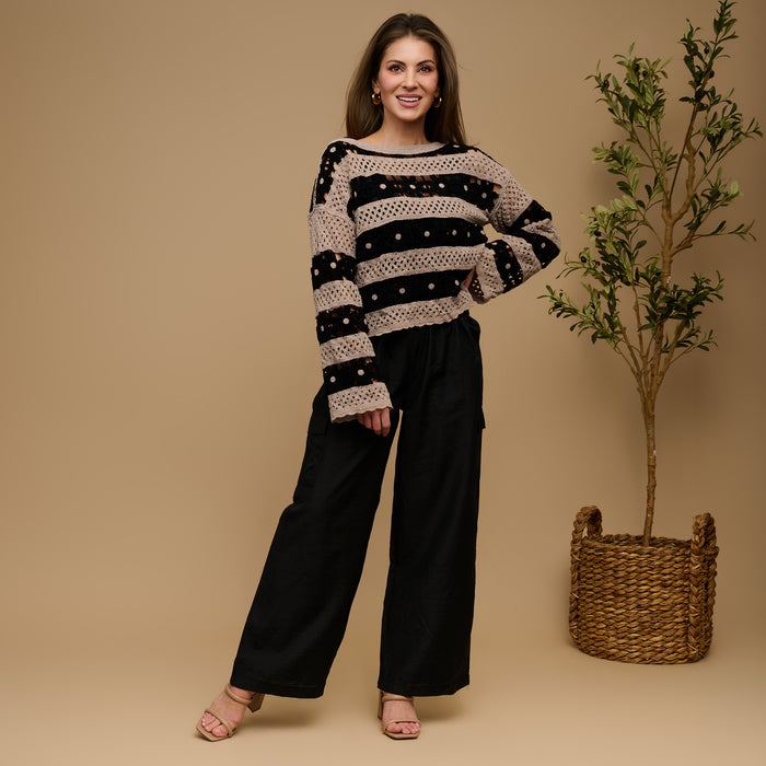 Open Knit Sweater Chenille Crochet Logng Sleeve Vera Sweater