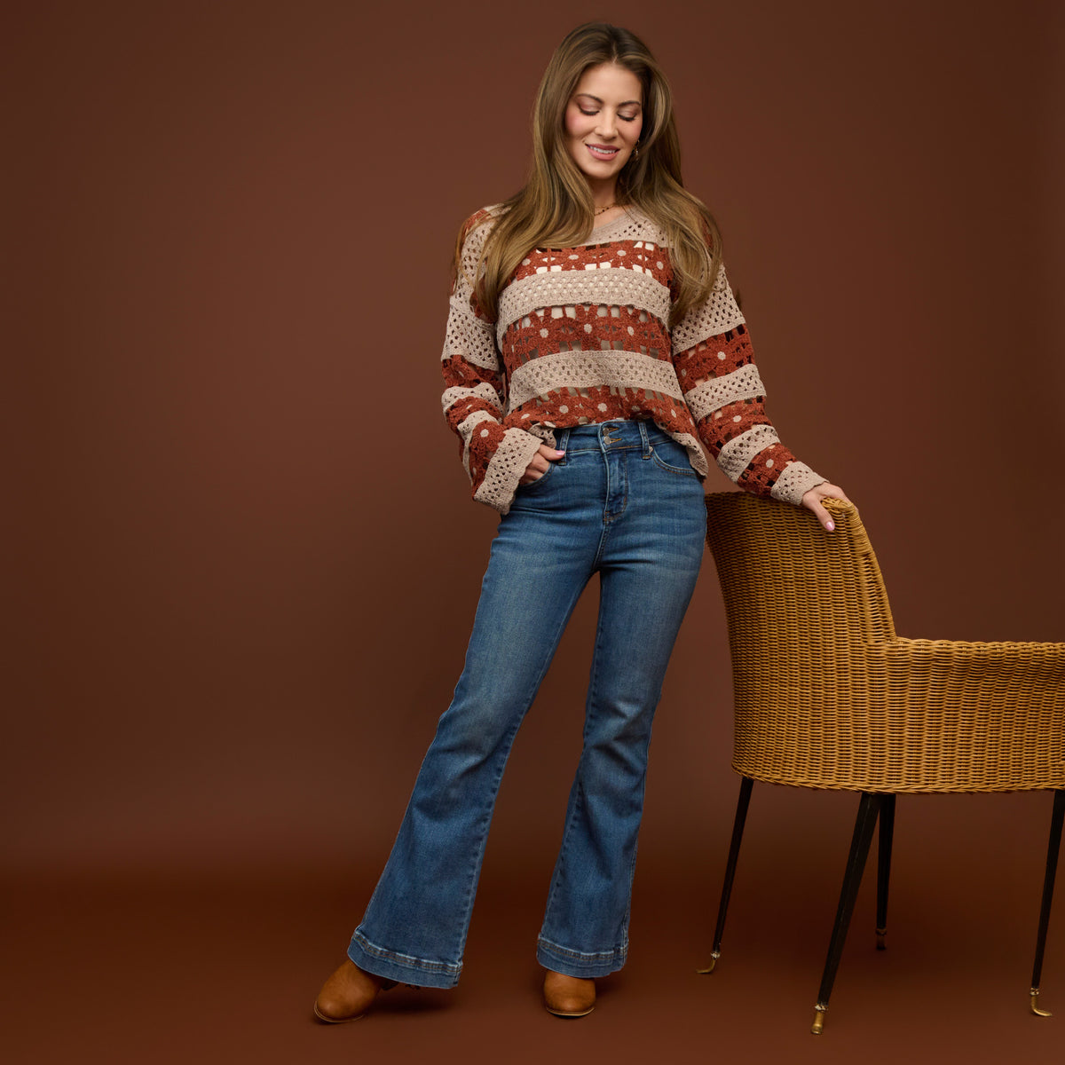 Open Knit Sweater Chenille Crochet Logng Sleeve Vera Sweater