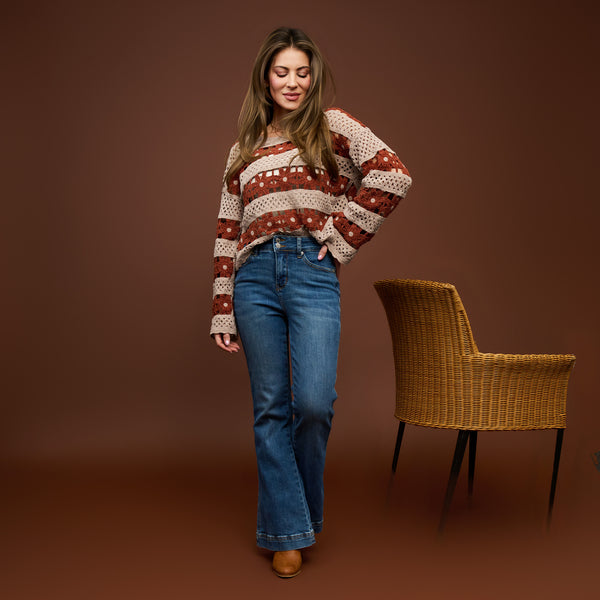 Open Knit Sweater Chenille Crochet Logng Sleeve Vera Sweater