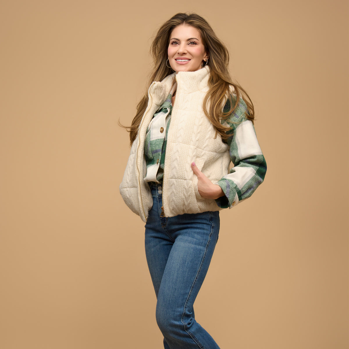 Cable Knit Puffer Vest Claire Zip Front Vest