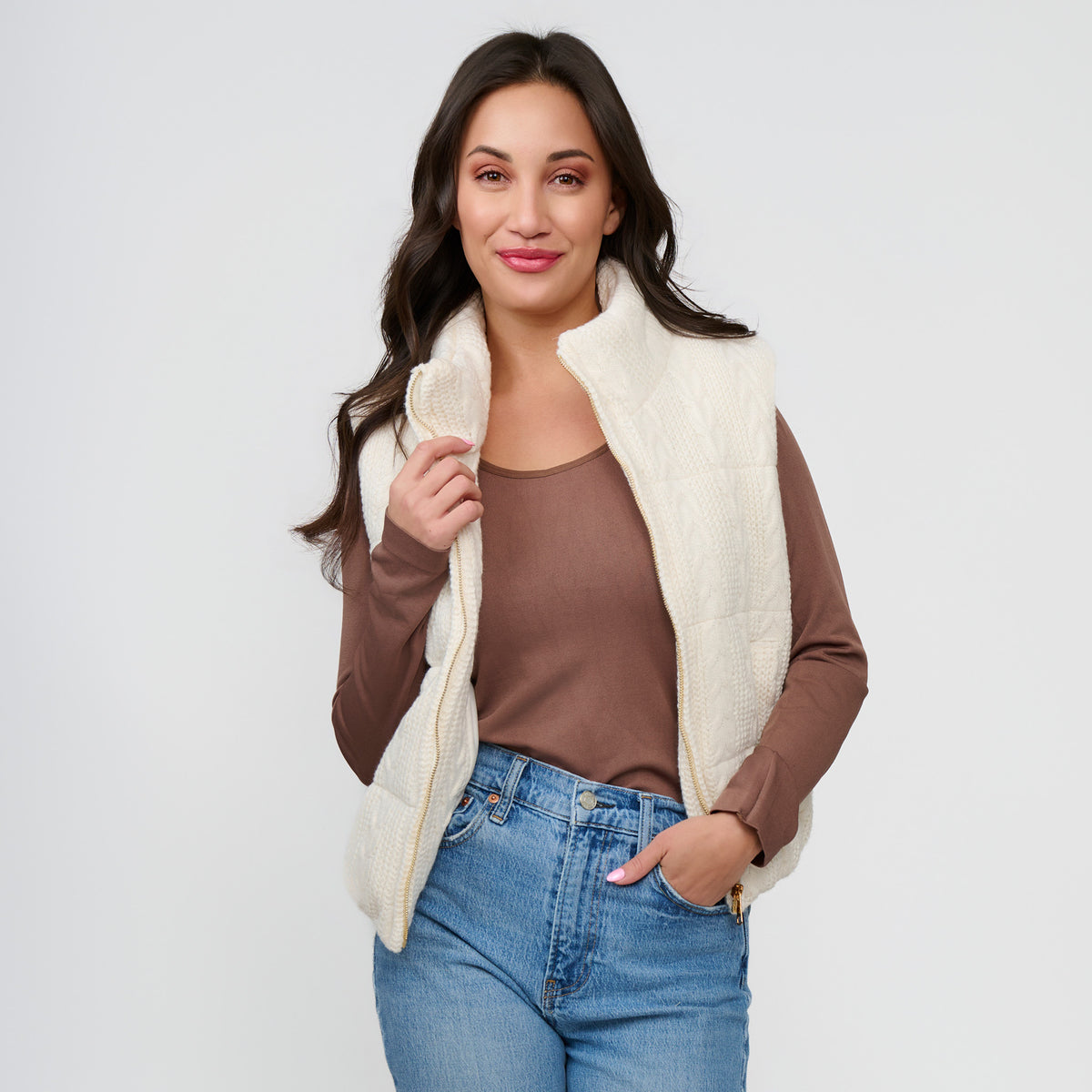 Cable Knit Puffer Vest Claire Zip Front Vest
