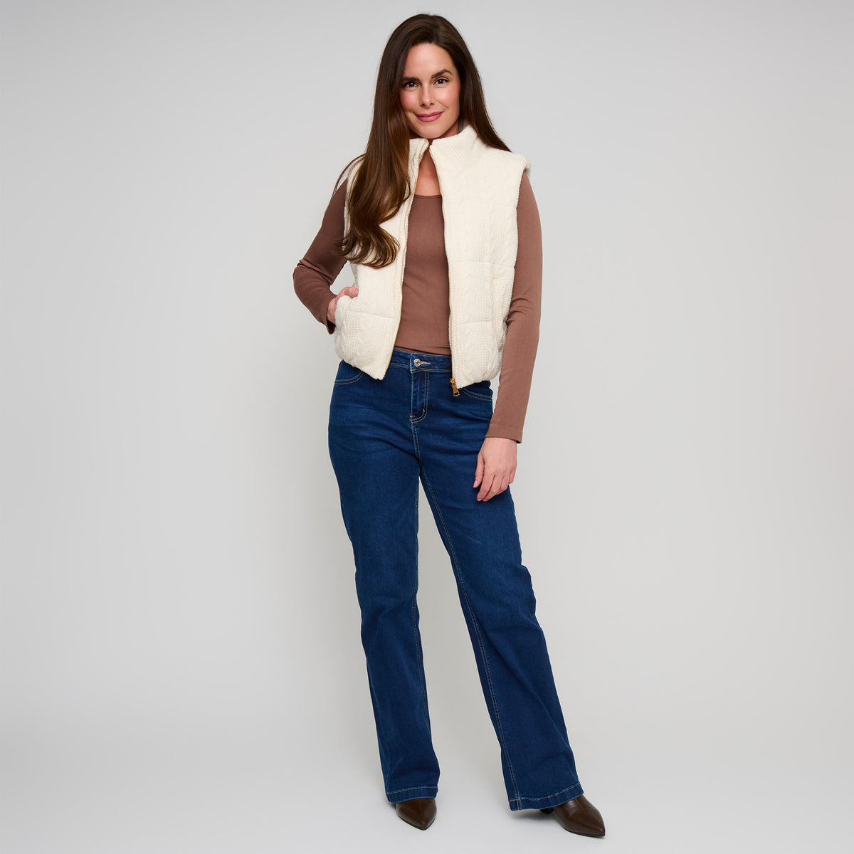 Cable Knit Puffer Vest Claire Zip Front Vest