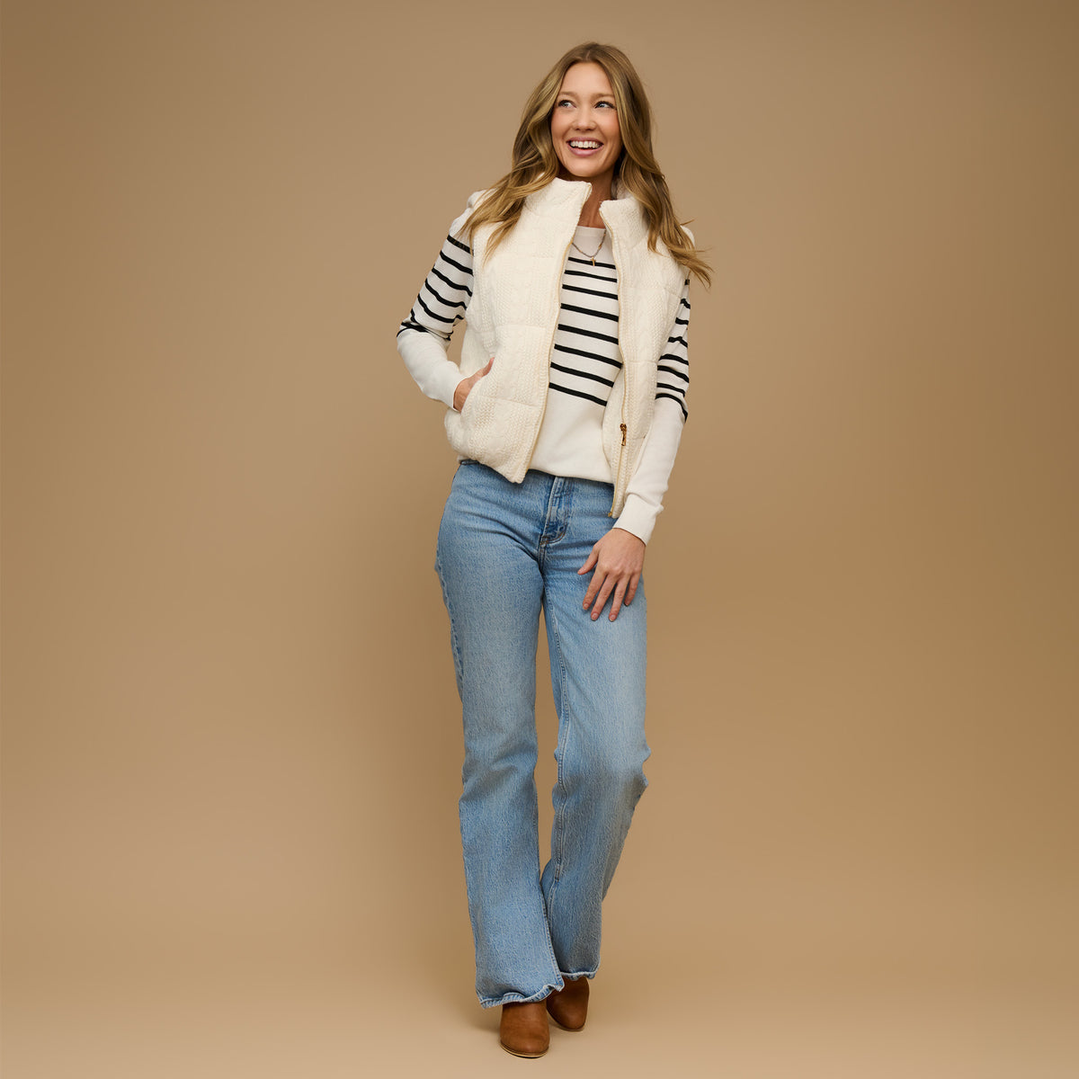 Cable Knit Puffer Vest Claire Zip Front Vest
