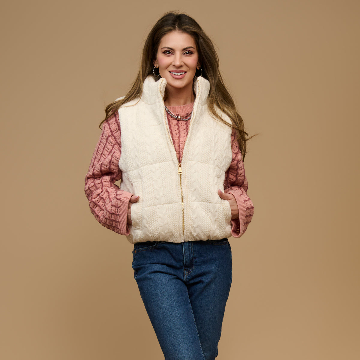 Cable Knit Puffer Vest Claire Zip Front Vest