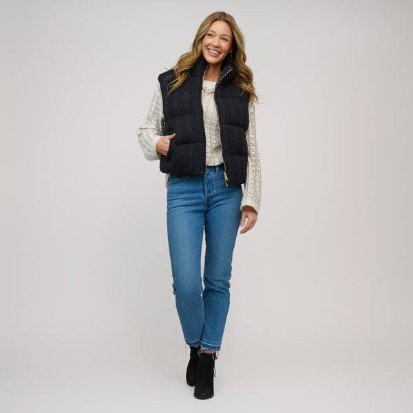 Cable Knit Puffer Vest Claire Zip Front Vest