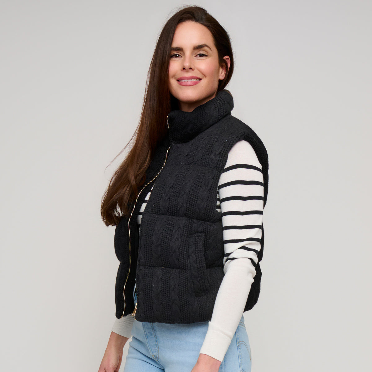 Cable Knit Puffer Vest Claire Zip Front Vest