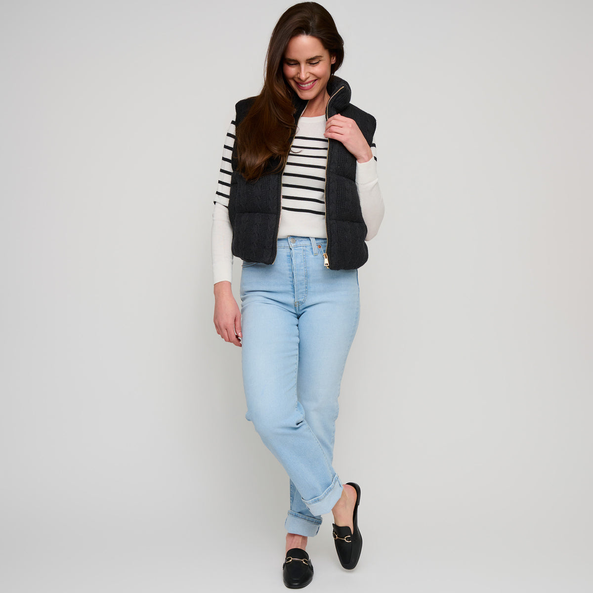 Cable Knit Puffer Vest Claire Zip Front Vest