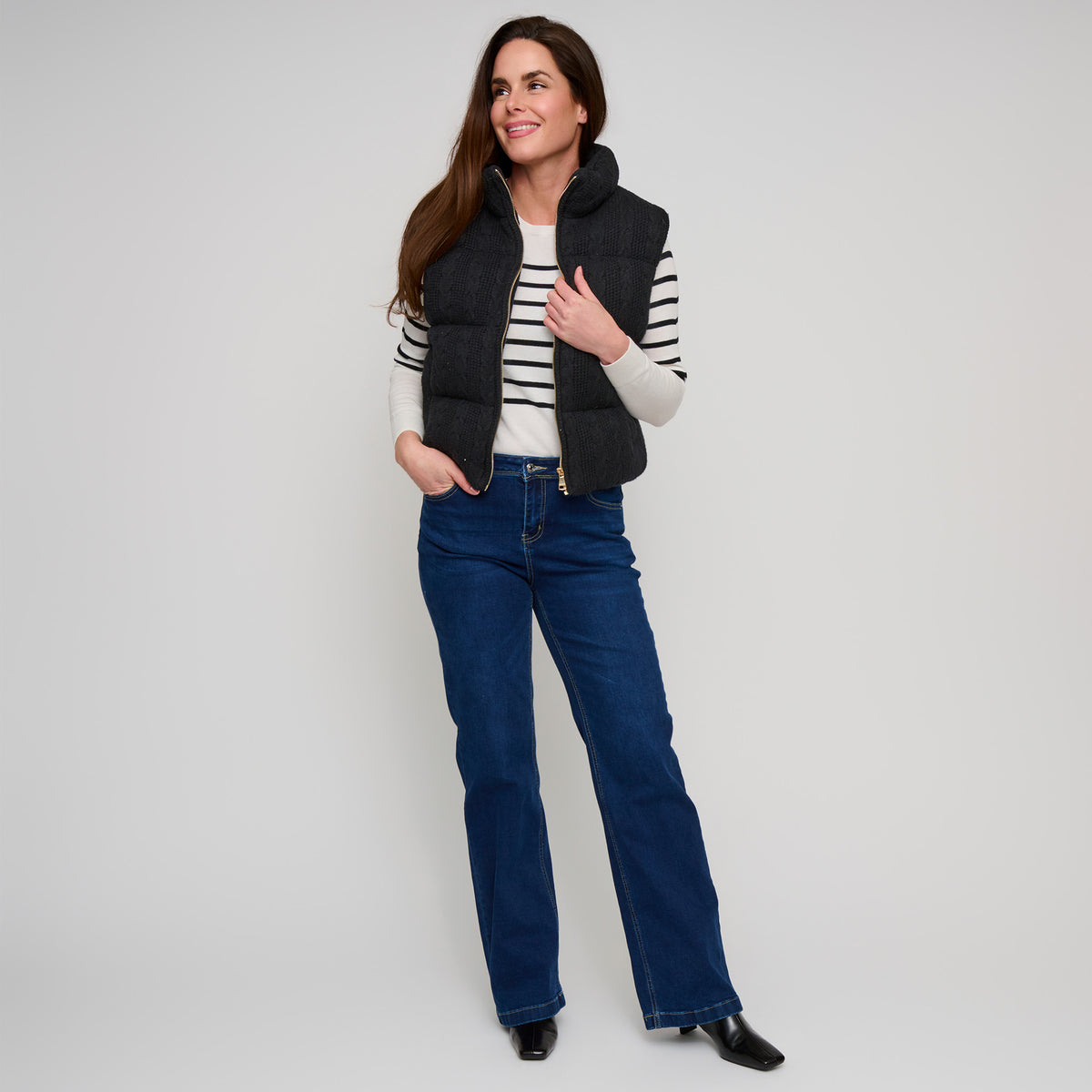 Cable Knit Puffer Vest Claire Zip Front Vest