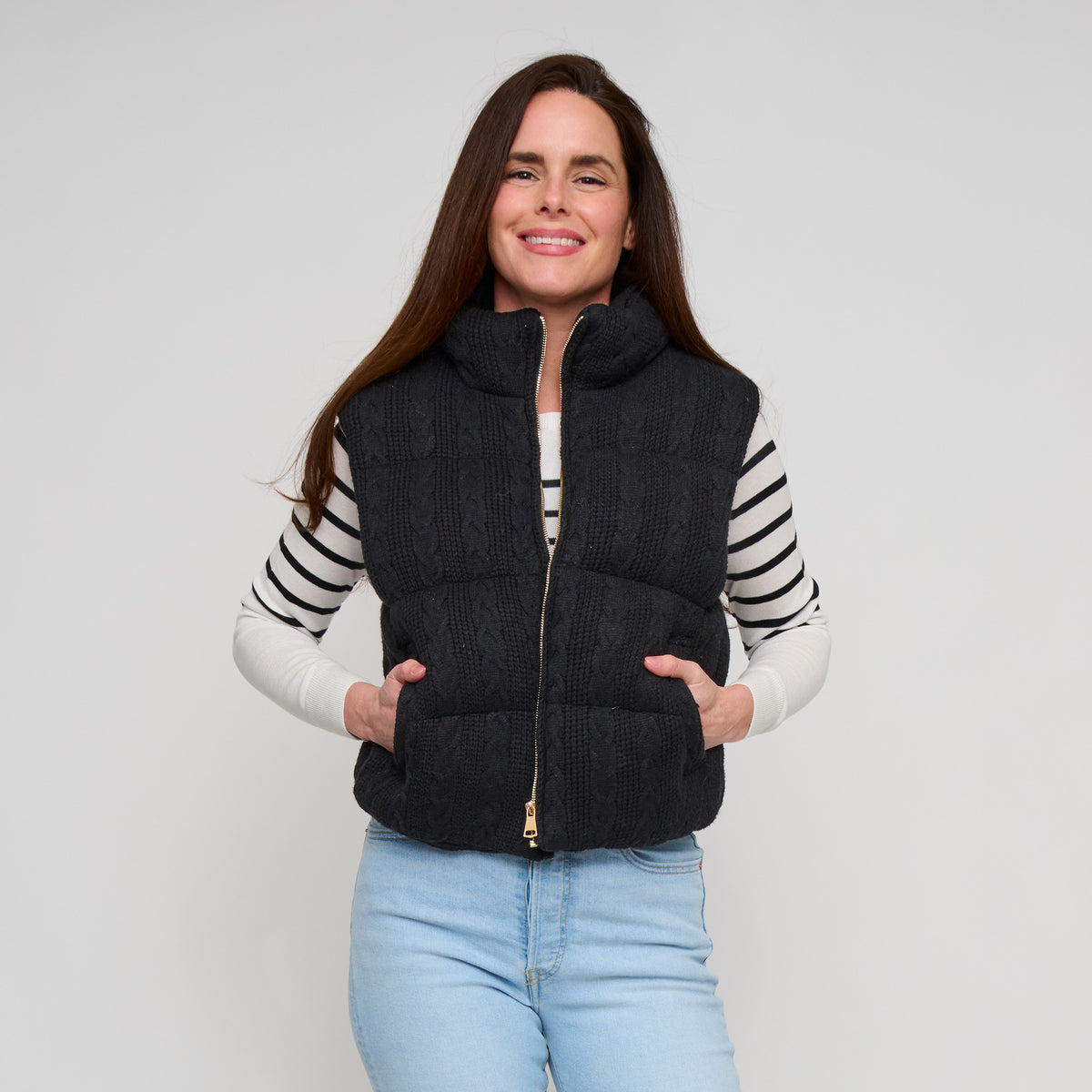 Cable Knit Puffer Vest Claire Zip Front Vest