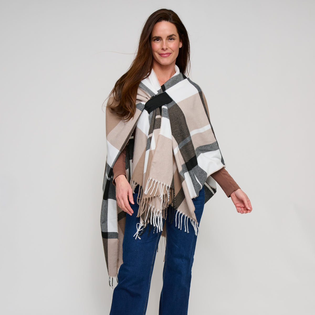 Plaid Wrap Open Front Fringe One Size Alora Shawl
