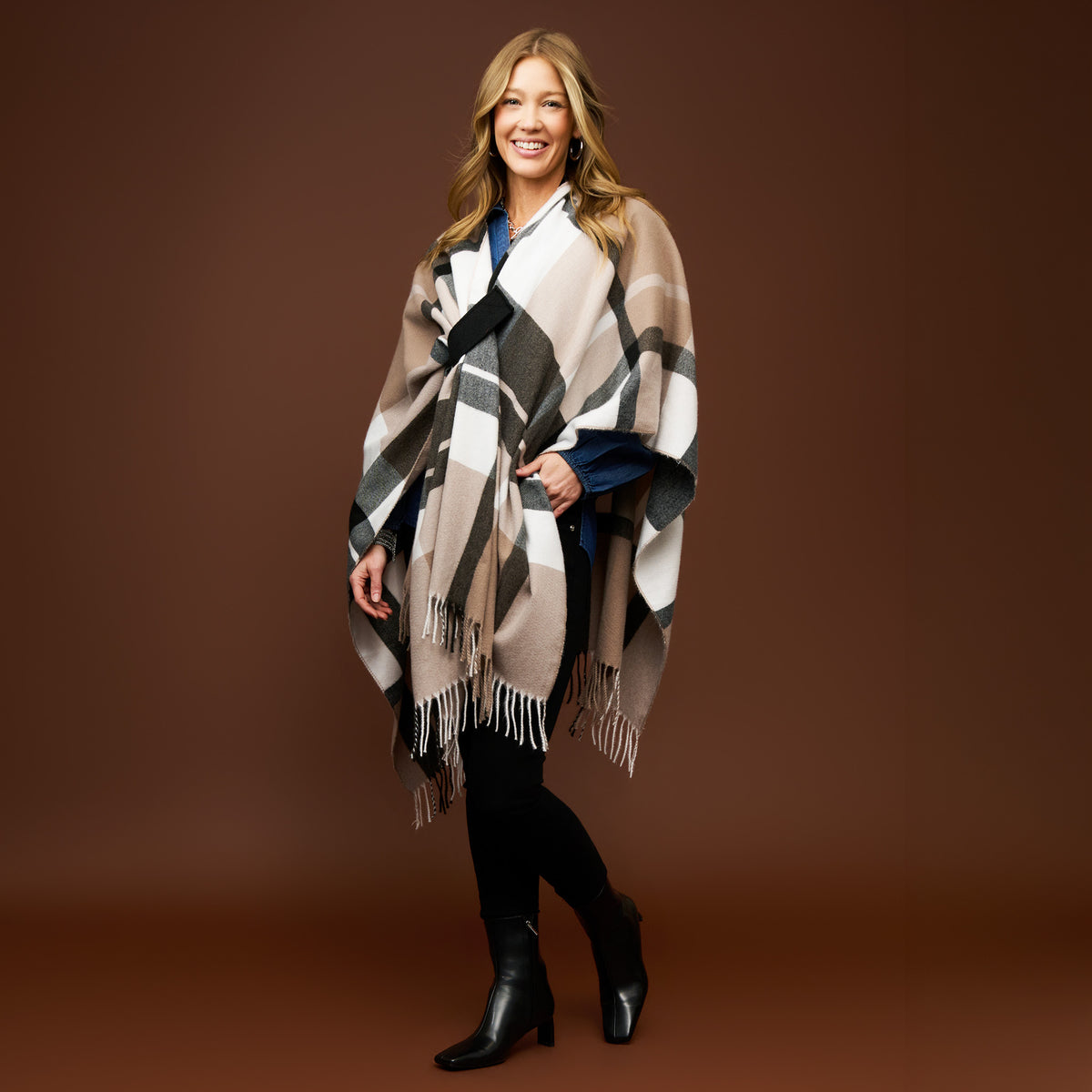 Plaid Wrap Open Front Fringe One Size Alora Shawl