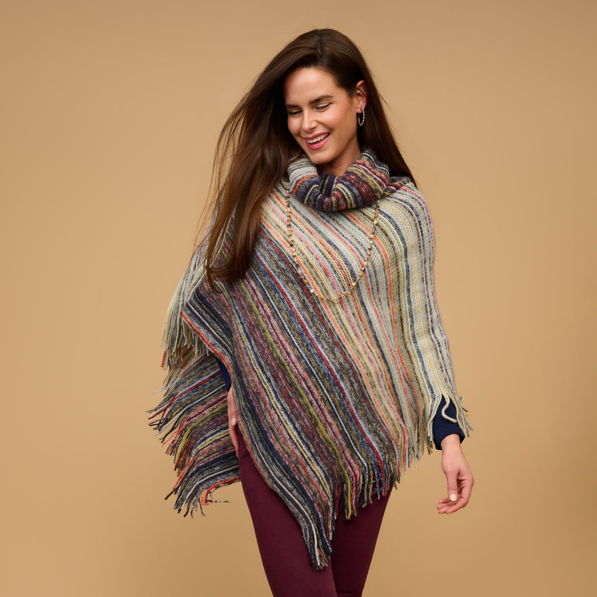 Striped Funnel Neck Poncho Midnight One Size Wrap