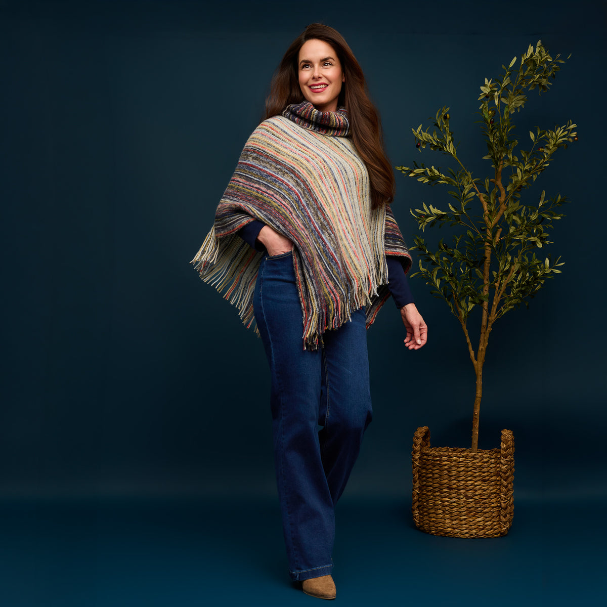Striped Funnel Neck Poncho Midnight One Size Wrap