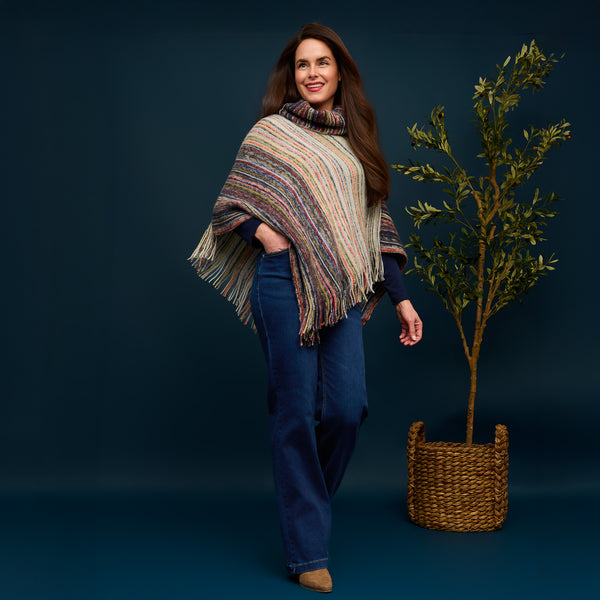 Striped Funnel Neck Poncho Midnight One Size Wrap