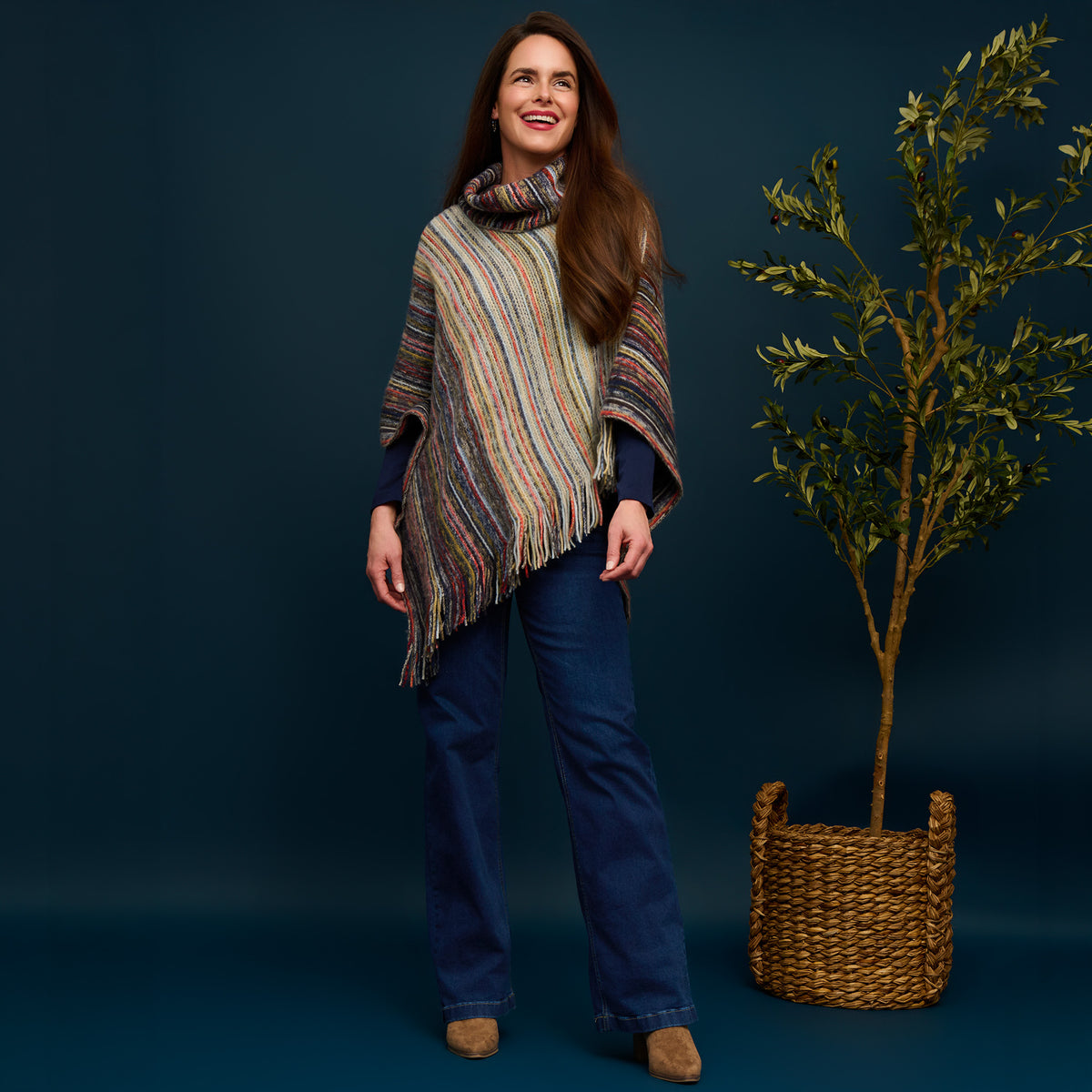 Striped Funnel Neck Poncho Midnight One Size Wrap