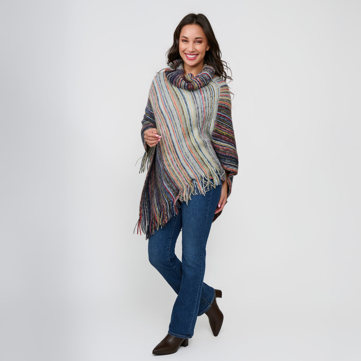 Striped Funnel Neck Poncho Midnight One Size Wrap