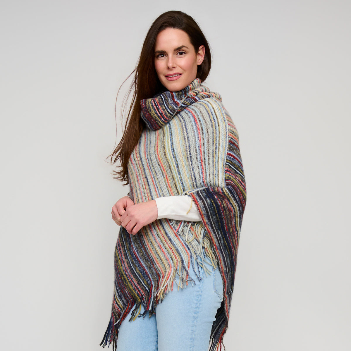 Striped Funnel Neck Poncho Midnight One Size Wrap