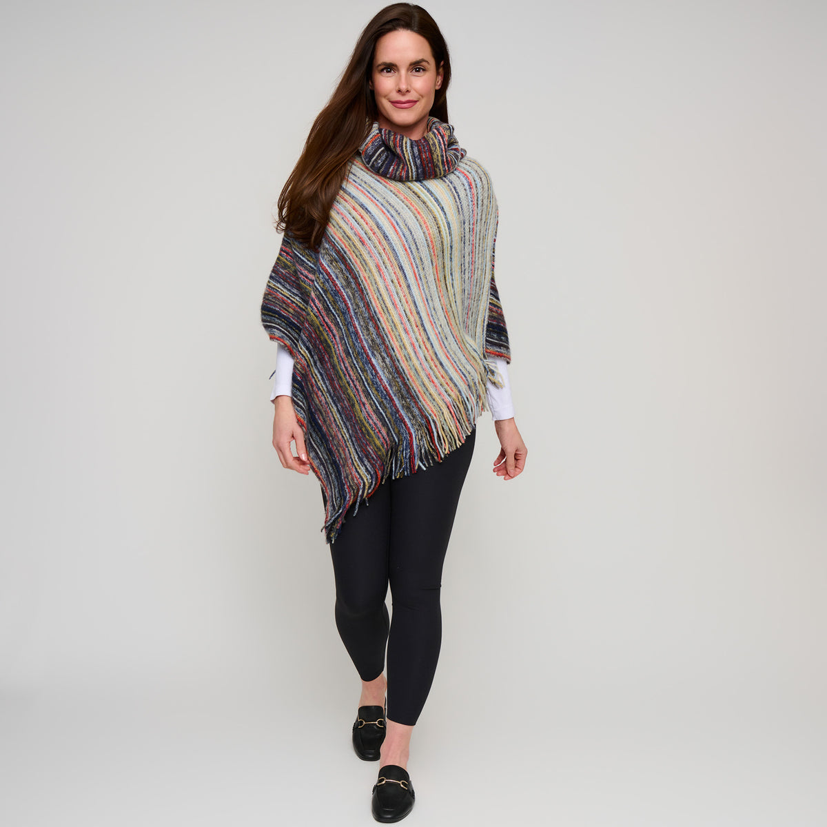 Striped Funnel Neck Poncho Midnight One Size Wrap