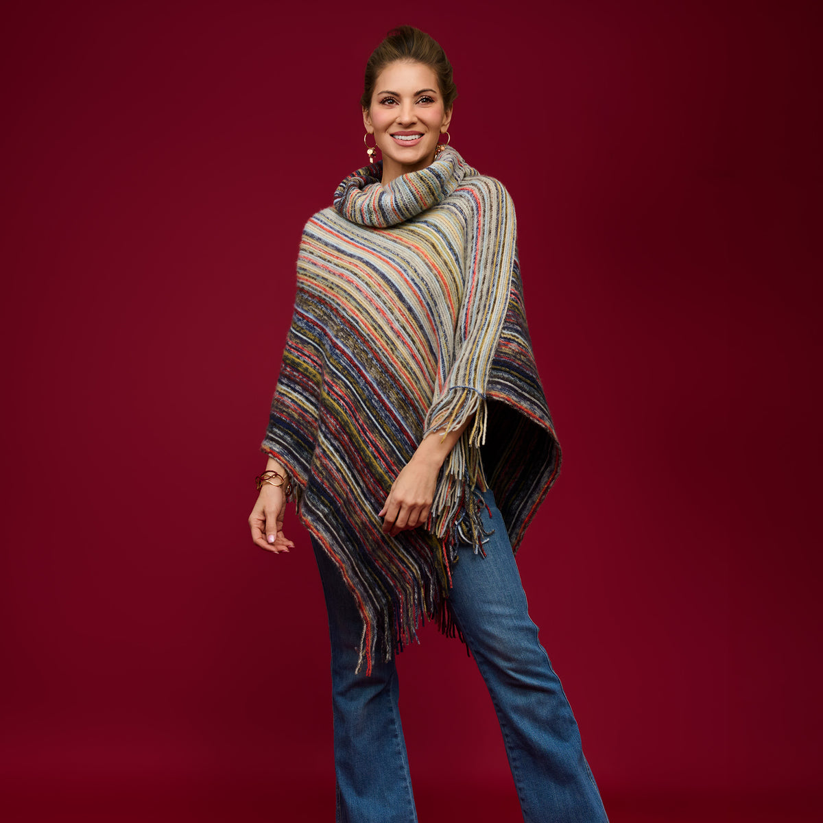 Striped Funnel Neck Poncho Midnight One Size Wrap