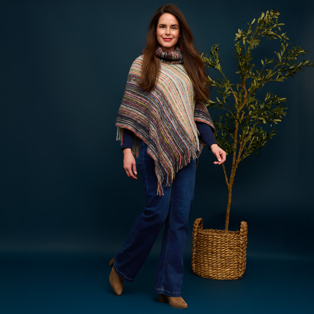 Striped Funnel Neck Poncho Midnight One Size Wrap