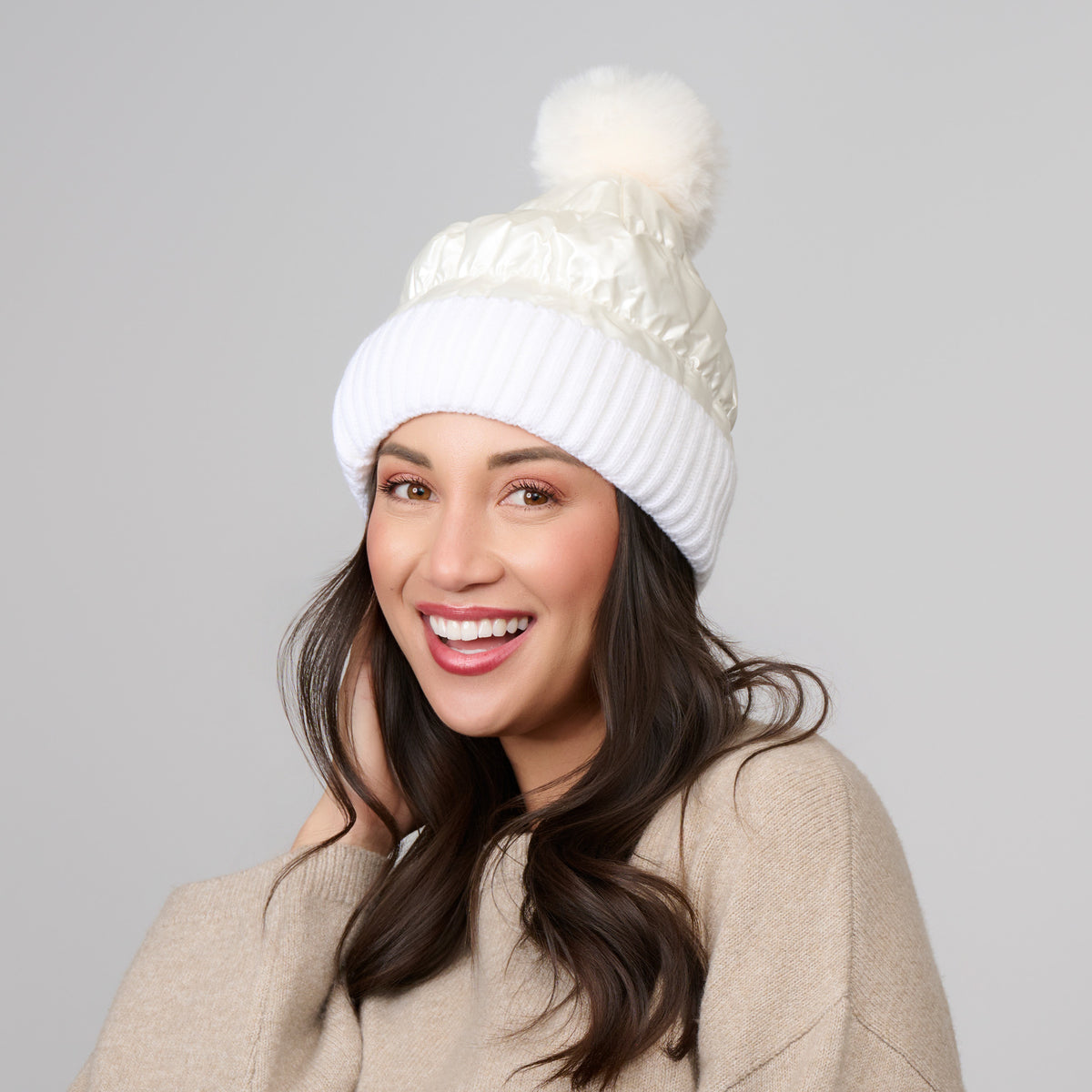 Winter Hat Pom Beanie Metallic Puffer Bianca