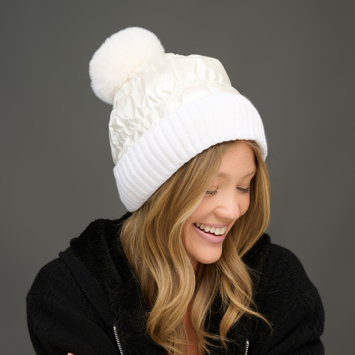 Winter Hat Pom Beanie Metallic Puffer Bianca