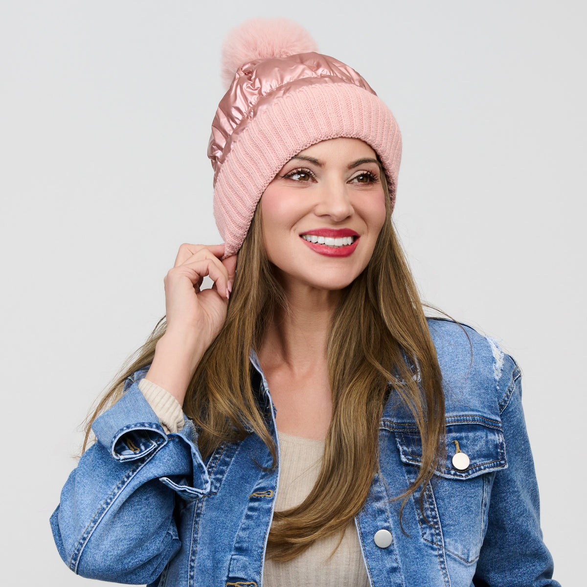 Winter Hat Pom Beanie Metallic Puffer Bianca