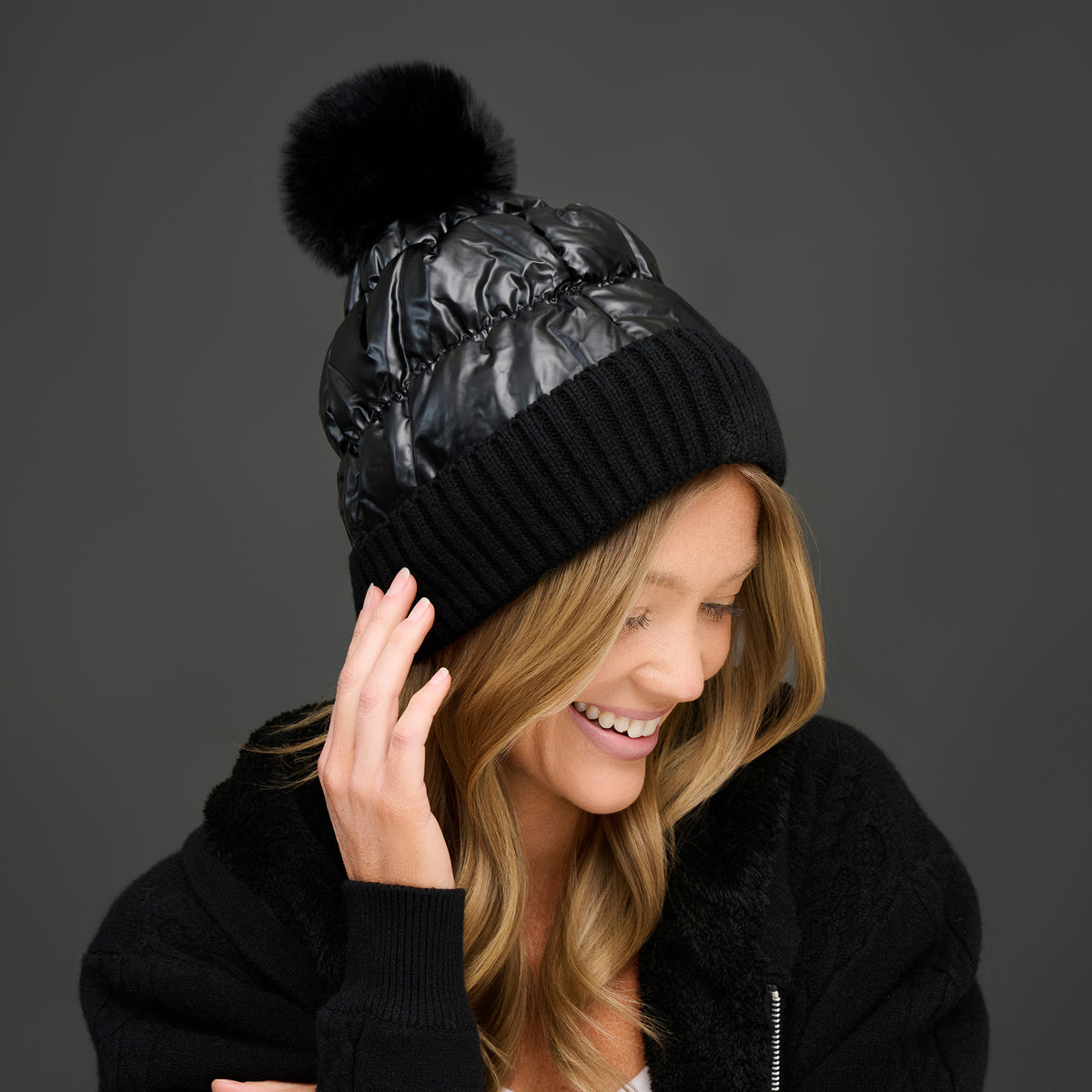 Winter Hat Pom Beanie Metallic Puffer Bianca