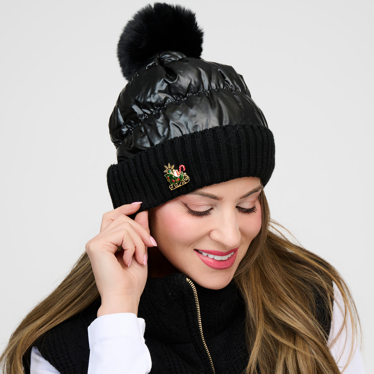 Winter Hat Pom Beanie Metallic Puffer Bianca