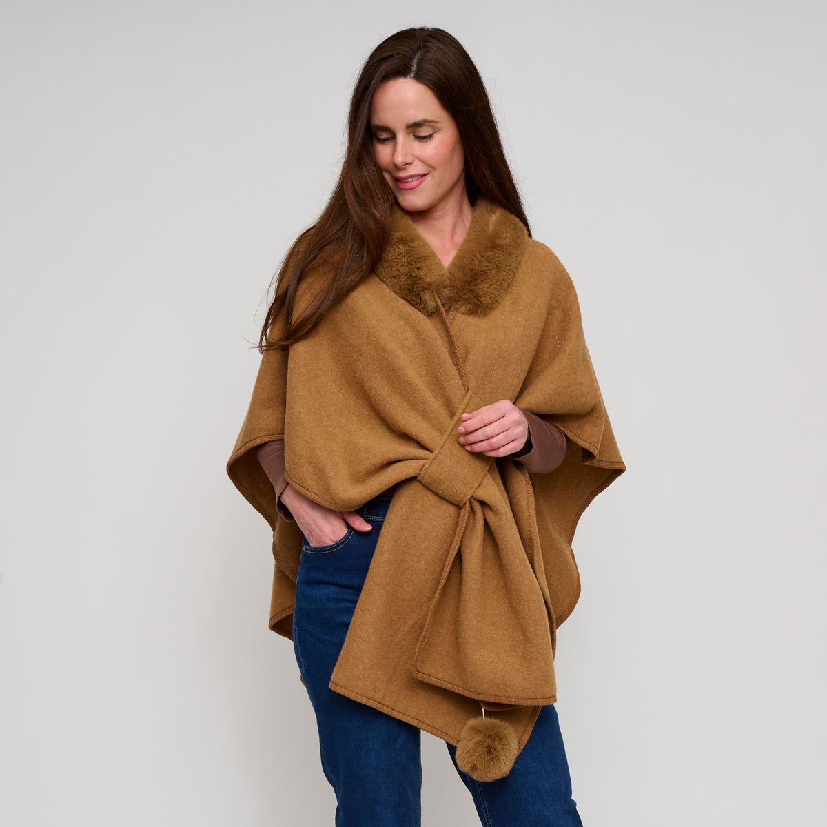 Open Front Wrap One Size Faux Fur Collar Kelsie Shawl