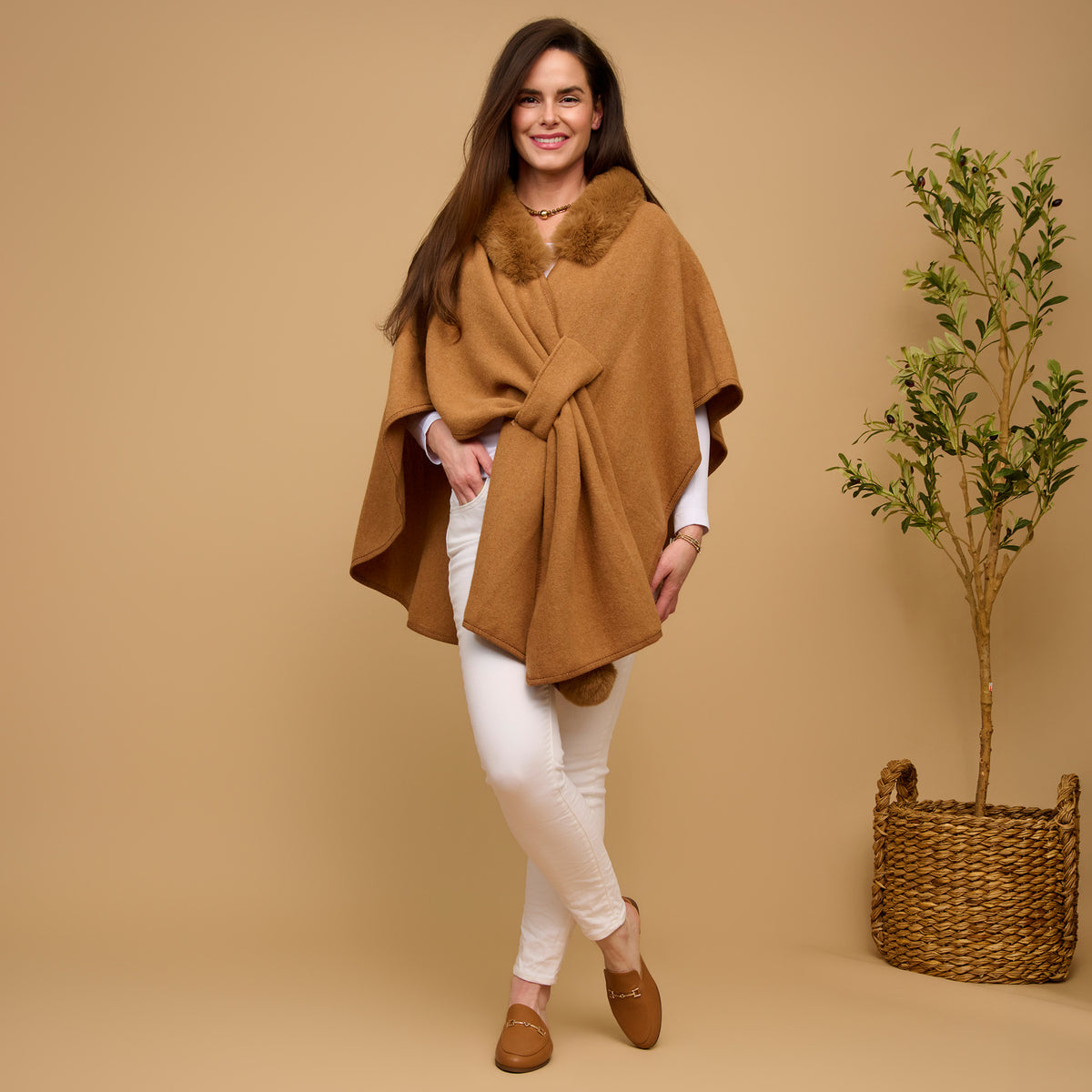 Open Front Wrap One Size Faux Fur Collar Kelsie Shawl