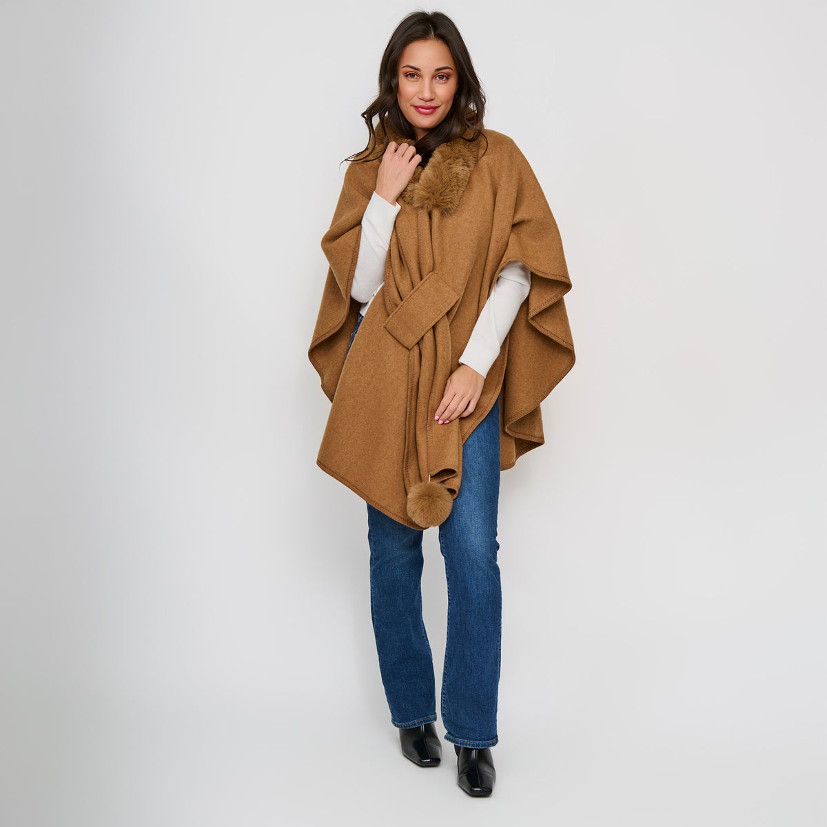 Open Front Wrap One Size Faux Fur Collar Kelsie Shawl